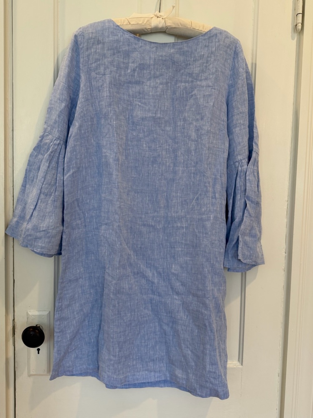 100% Linen Light Blue Mini Dress with 3/4 Bell Sleeves